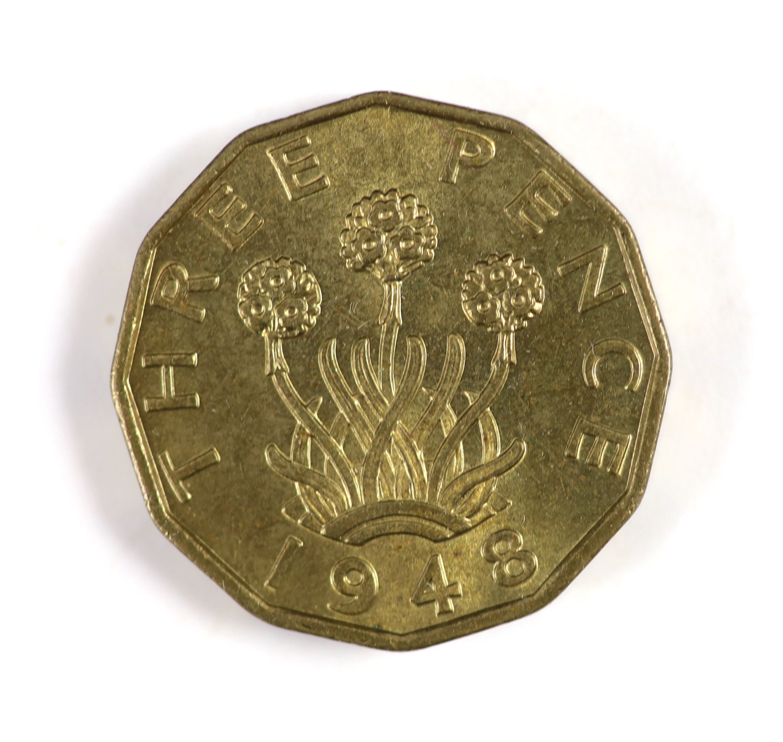 George VI specimen coin sets for 1947 and 1948, first issue, including 1948 brass threepence (S4112), good EF